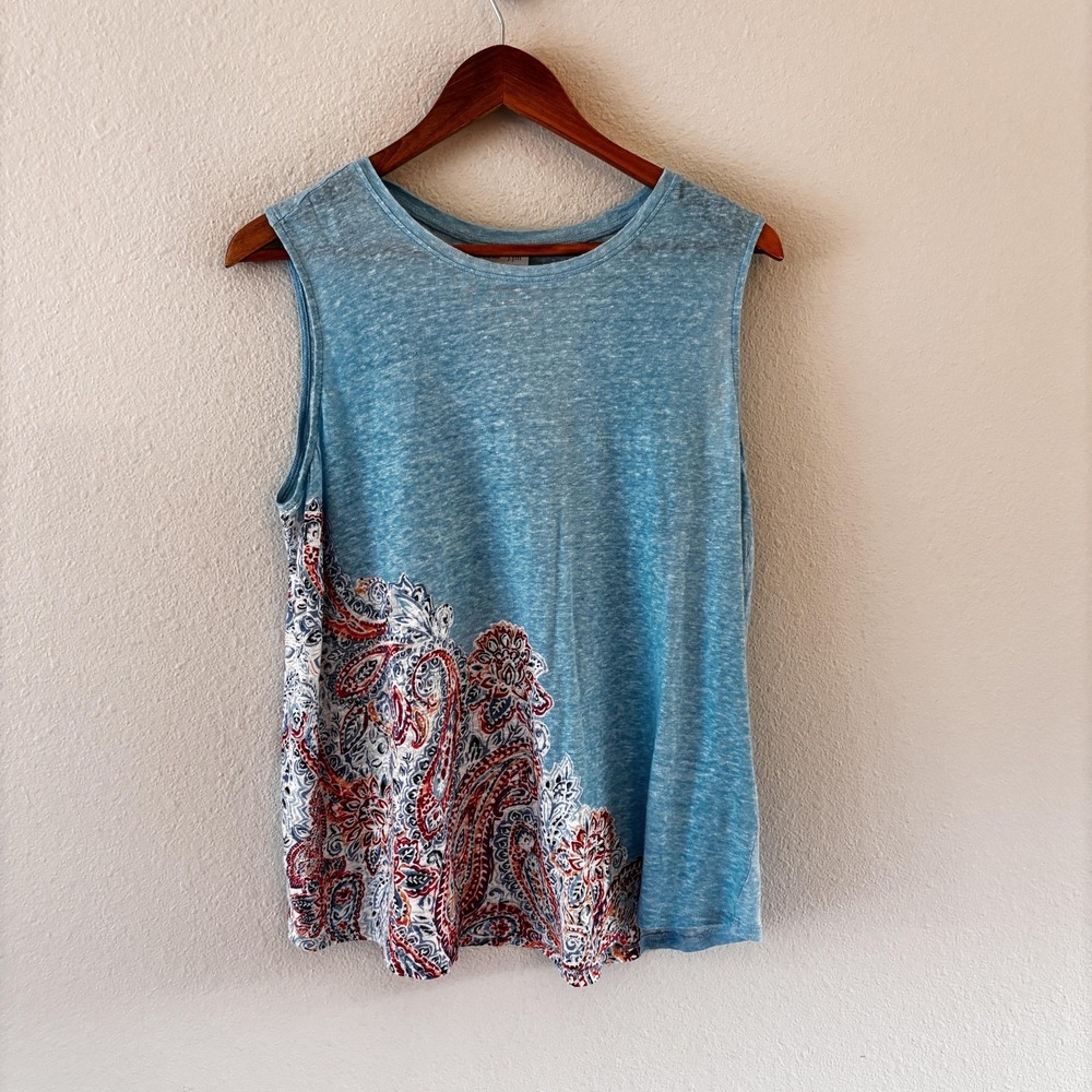 J. Jill Love Linen Tank Top Womens M Blue Paisley Hem Sleeveless Summer Knit - Picture 1 of 9